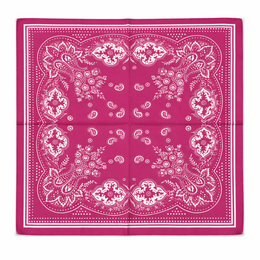 A square silk scarf with a paisley pattern in two color variants - fuchsia and brown.