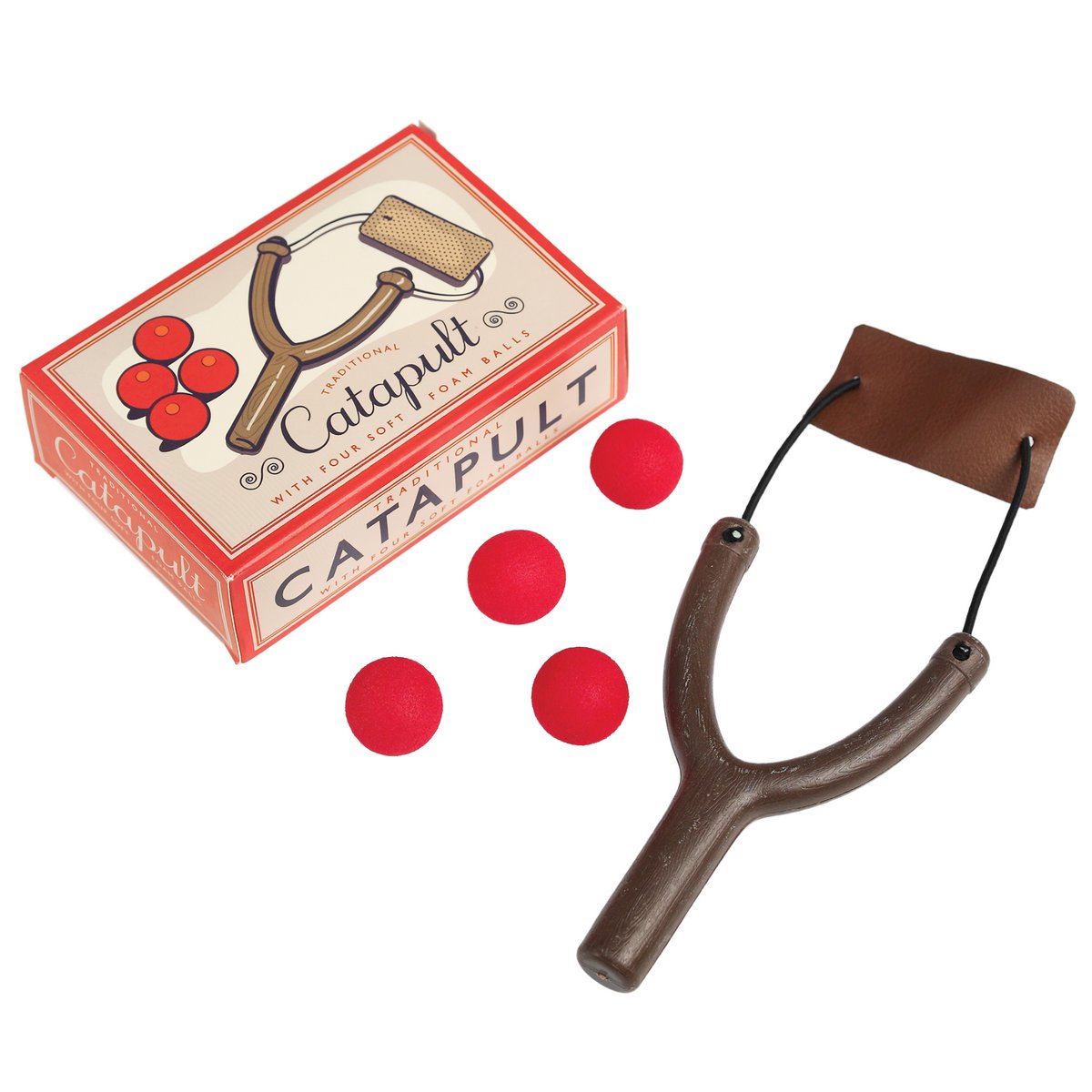 Catapulta de juguete con 4 bolas de espuma.