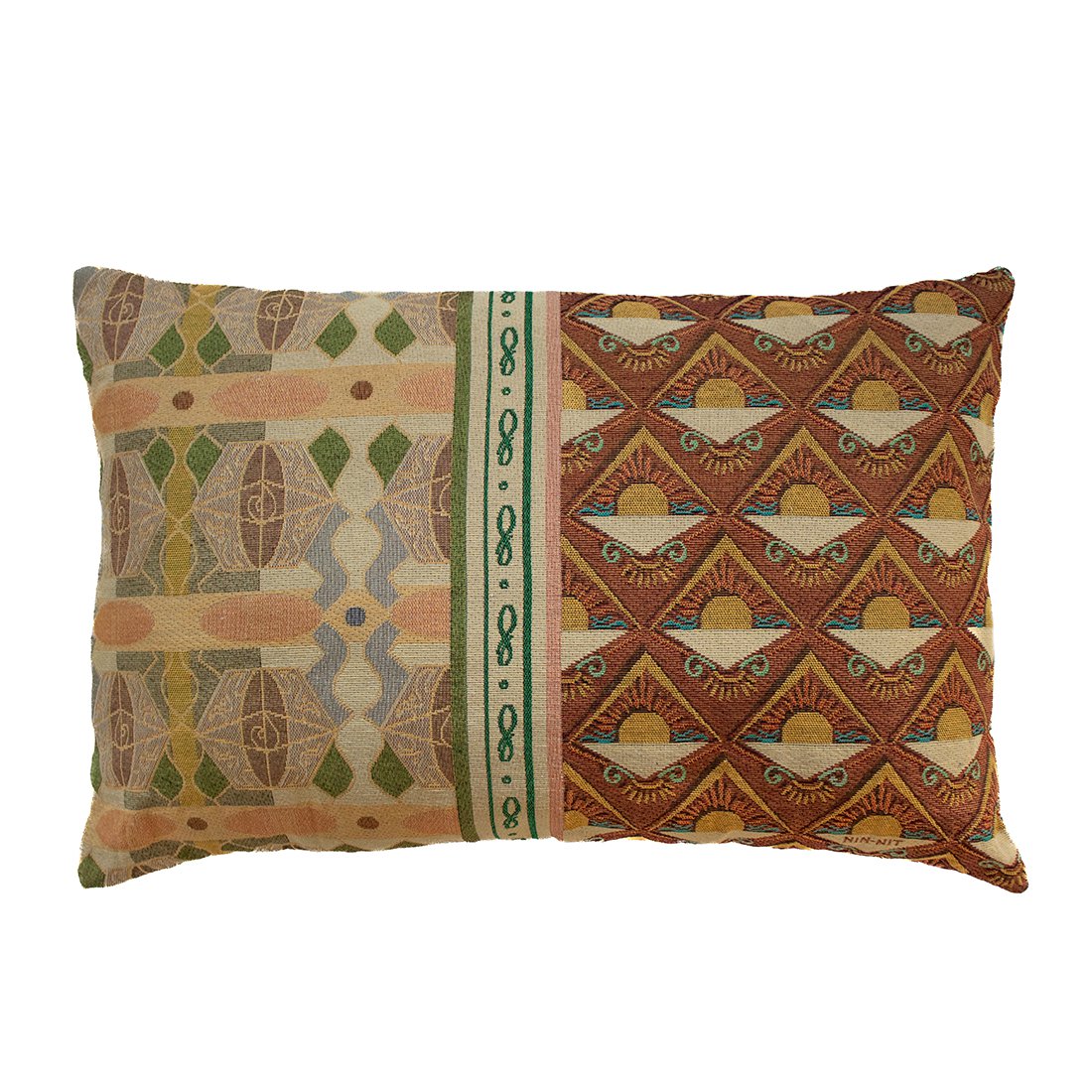 NIN-NIT | Nouveau de Soleil cushion | 100% woven cotton | decorative cushion with suns, mosaic, nature print | brown | beige | pink | green | yellow | 40x60 cm