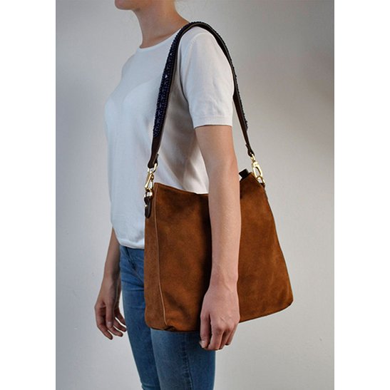 BOHO IBIZA BAG - Bandolera azul zafiro (70cm) + Bolso de ante (Cognac)