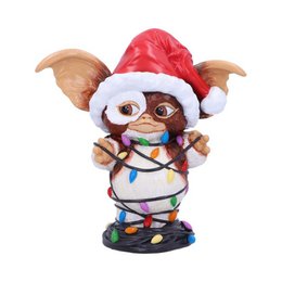  Gremlins - Gizmo - Fairy Lights - figurine. Whimsical Christmas-themed figurine of the character Gizmo from the Gremlins movie, wearing a Santa hat and wrapped in colorful holiday lights.