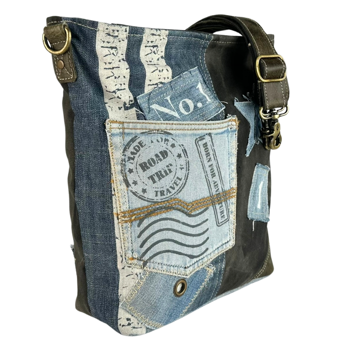 Sac bandoulière femme Sunsa. Sac bandoulière en jean et toile upcyclés. Sac à main style rétro vintage. Sac bandoulière pour femme.