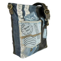Sac bandoulière femme Sunsa. Sac bandoulière en jean et toile upcyclés. Sac à main style rétro vintage. Sac bandoulière pour femme.