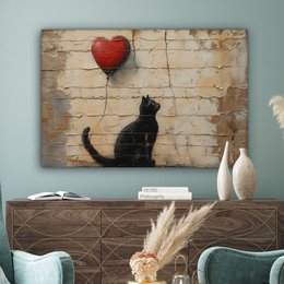 Canvas schilderij - Wanddecoratie Kat - Graffiti - Ballon - Street art - Abstract - Muurdecoratie woonkamer - Kamer decoratie modern - Abstracte schilderijen