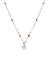 Rose quartz necklace with delicate chain and pendant. Features a soft pink rose quartz gemstone drop.