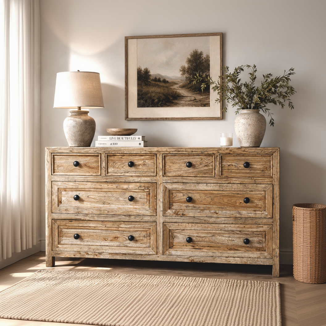 Wooden sideboard 8 drawers with handles 160 x 50 x 85 h cm