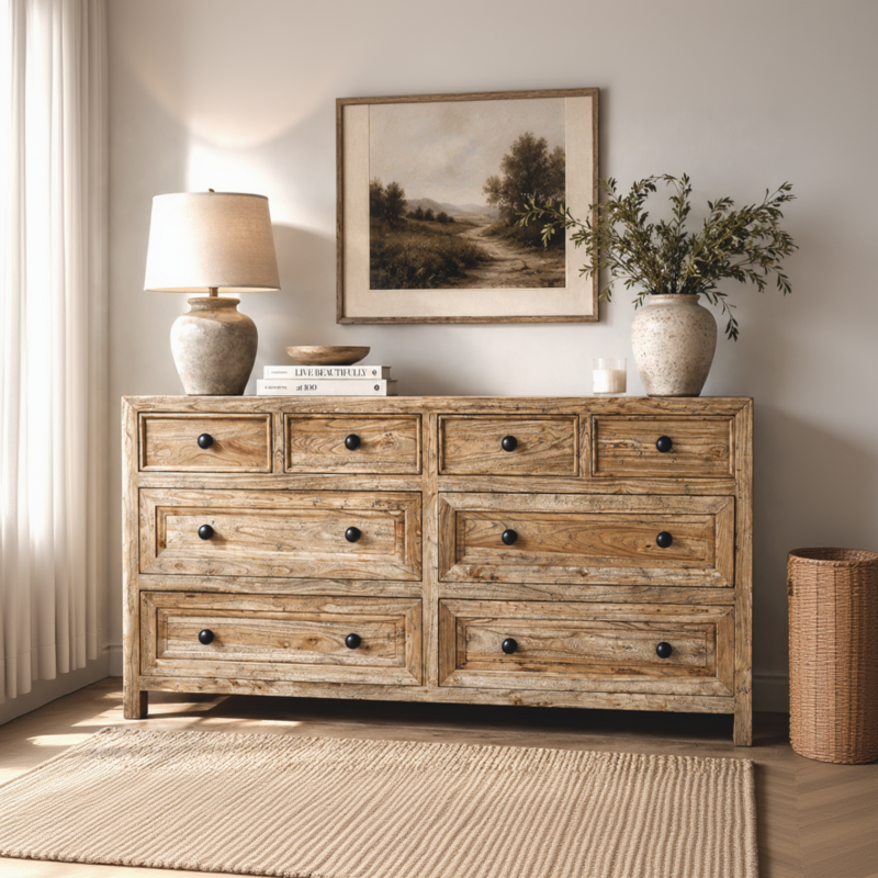 Wooden sideboard 8 drawers with handles 160 x 50 x 85 h cm