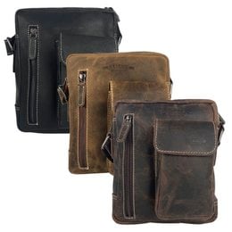 A crossbody bag made of buffalo leather, available in 3 colors - cognac, dark brown, and black. The bag features multiple zippered compartments and a adjustable strap for comfortable wear.