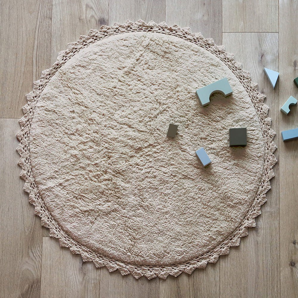 Round washable cotton rug with crochet finish PERLA SABLE