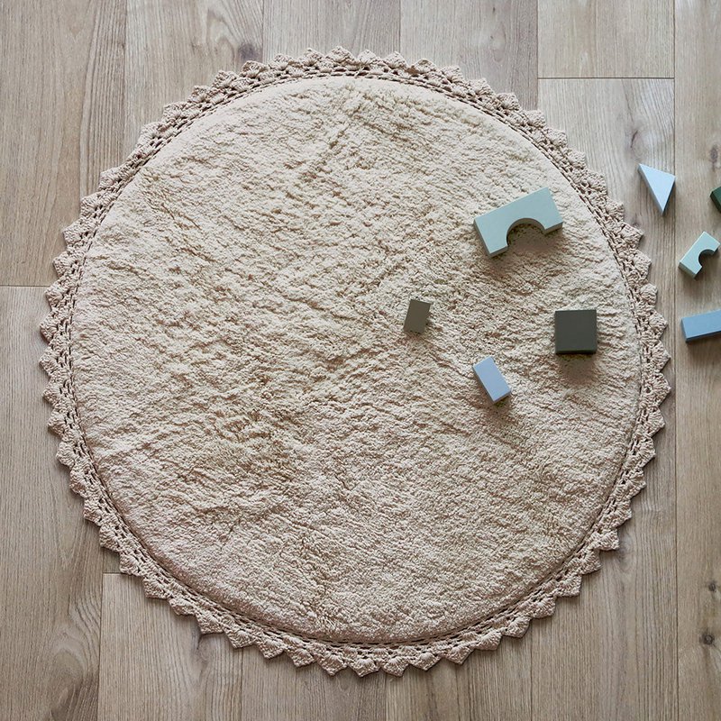 Round washable cotton rug with crochet finish PERLA SABLE