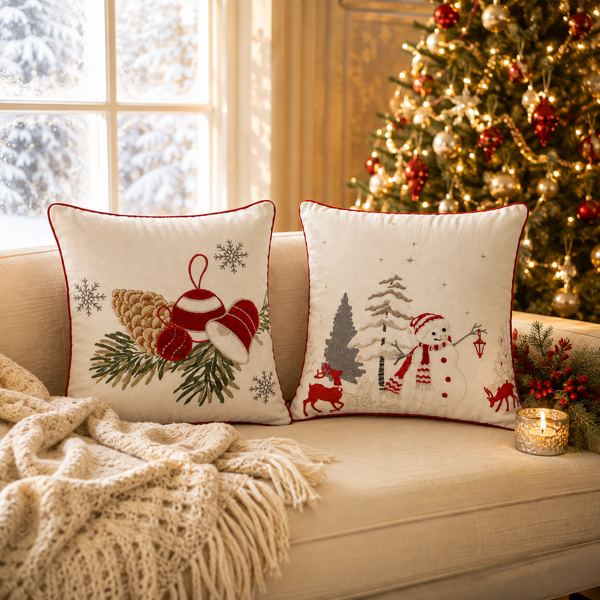Kerstkussenhoes Duo, Bells & Sneeuwpop+Gratis Vulling