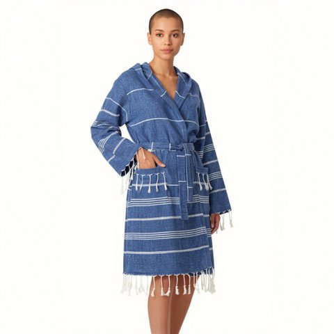 Hooded Bathrobe with Fringes in Cotton - Blue - One Size - Paraguay