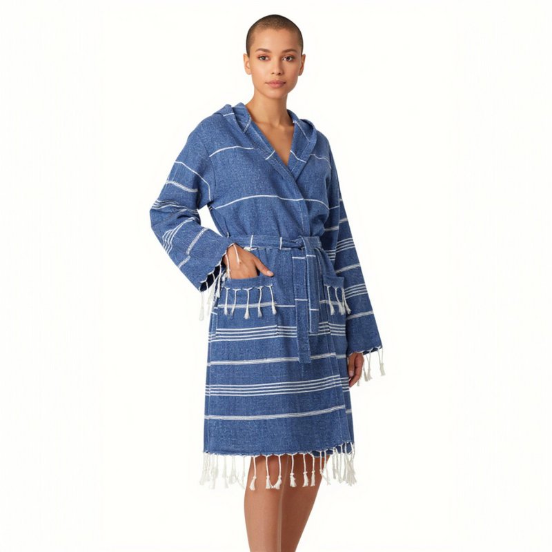 Albornoz con Capucha y Flecos en Algodón - Azul - Talla Única - Paraguay