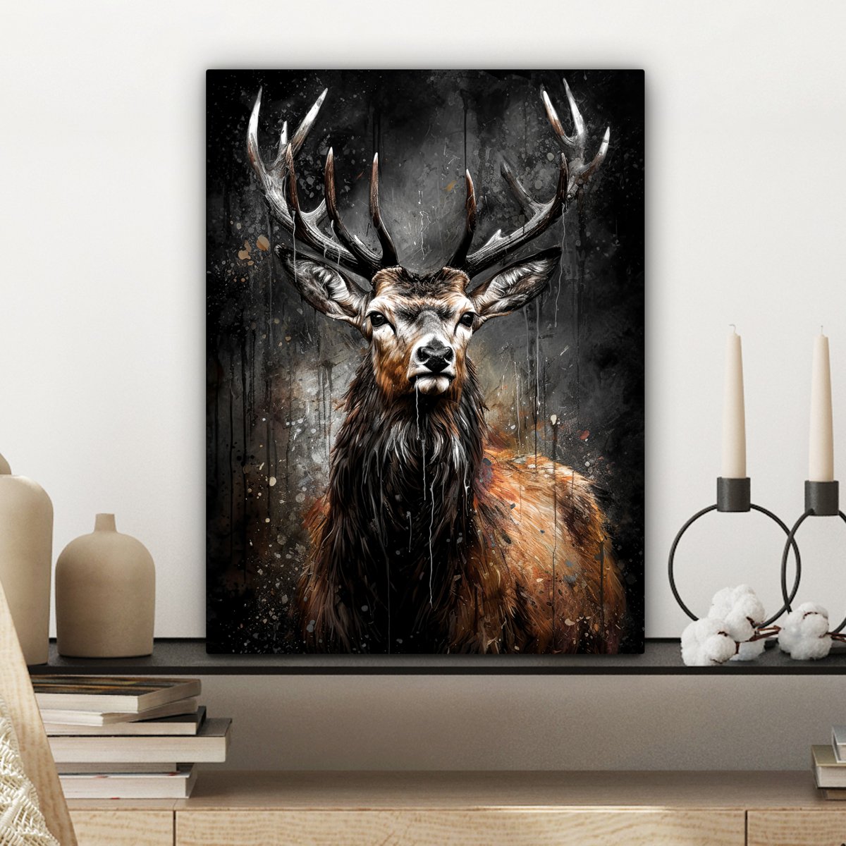 Leinwand Malerei - Wanddekoration Hert - Schwarz - Tier - Hirschbett - Wanddekoration Wohnzimmer - Schlafzimmer Dekoration - Raumzubehör - Leinwand Gemälde