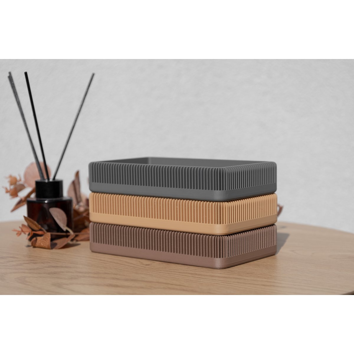 Modern Ribbed Square Organizer in Earthy Tones – Minimalist Desk, Vanity, or Home Storage Solution, Minimalist Modern Office Design Decor