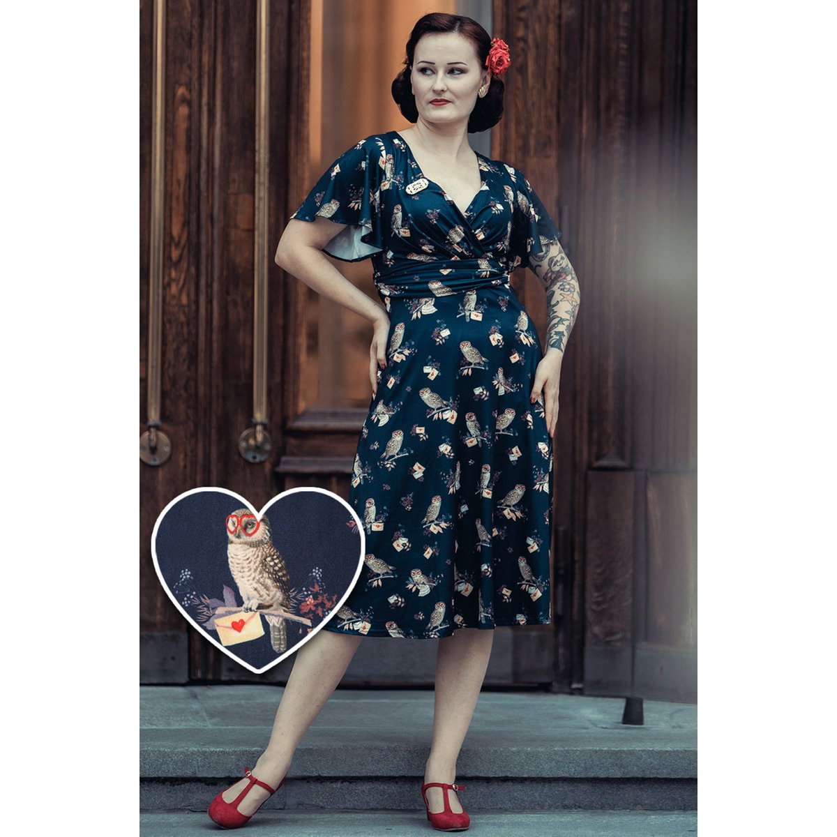 EU STOCK Kleid mit Blütenblattärmeln von Donna in Marineblau und Eulenmuster