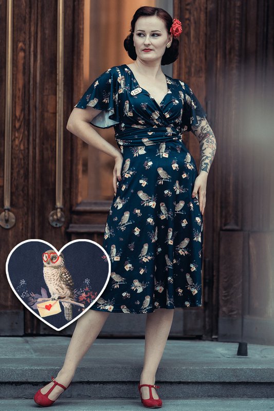 EU STOCK Kleid mit Blütenblattärmeln von Donna in Marineblau und Eulenmuster
