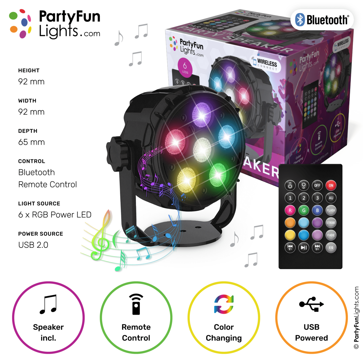 6 LED - PAR - Disco Lamp - Party Speaker - with remote control