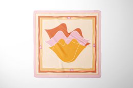 Silk square scarf in yellow gold color, 67*67 cm in size, featuring abstract geometric patterns in warm tones.