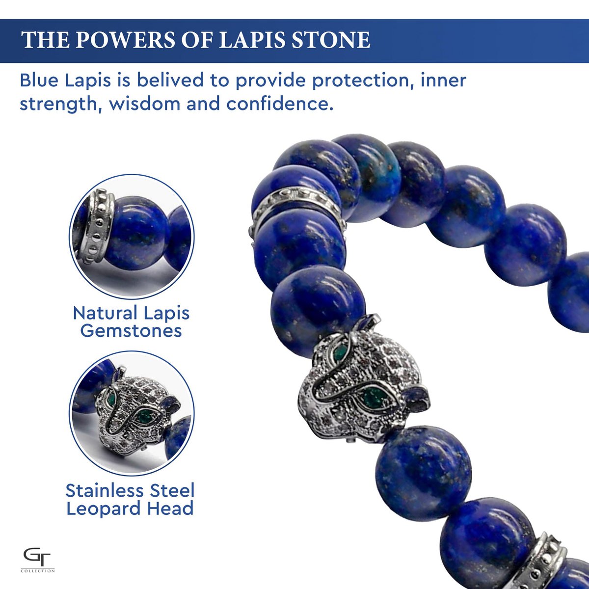 Bracelet homme LAPIS LAZULI avec tête de LÉOPARD en argent