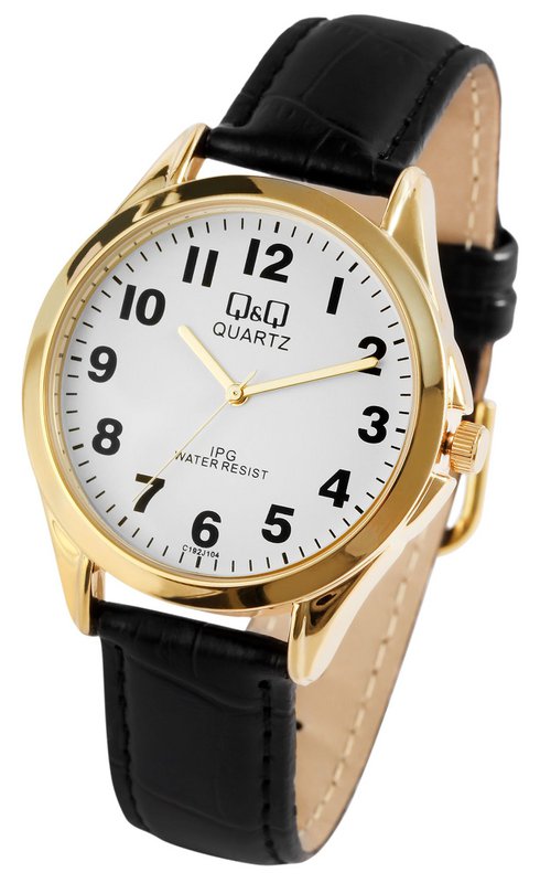 Q&Q men's watch with imitation leather strap, black/gold, 3 bar