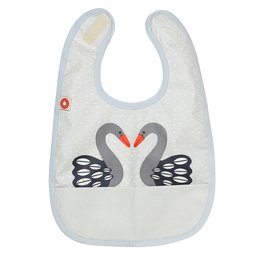 A grey bib with a swan design, featuring a heart-shaped pattern and a snap closure.