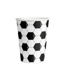 A set of black and white soccer ball-patterned cups perfect for a sports-themed party or event. The cups feature a classic hexagonal soccer ball design, making them ideal for serving drinks, snacks, or decorating a table.