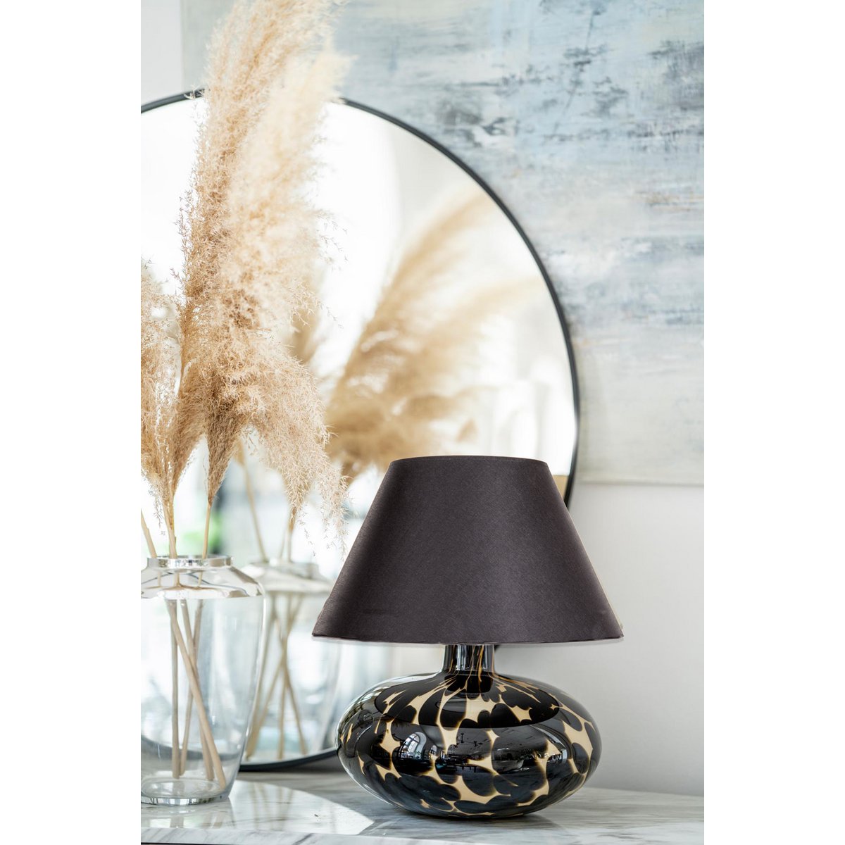 Tischlampe Glas bauchig gefleckt mit Lampenschirm schwarz
