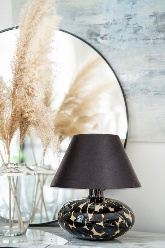 Tischlampe Glas bauchig gefleckt mit Lampenschirm schwarz