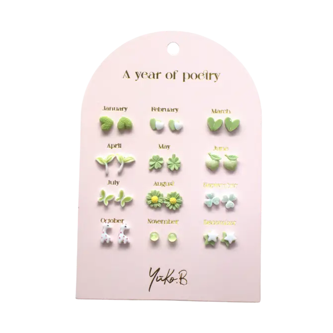 Box of 12 Ceramic Earrings — A Year of Green Poetry - English