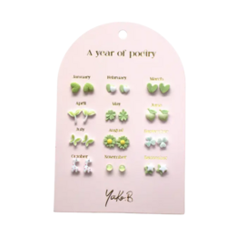 Box of 12 Ceramic Earrings — A Year of Green Poetry - English
