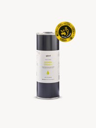  Extra virgin olive oil in cylindrical glass bottle with black cap and gold award seal label
