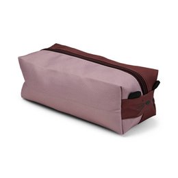 A rectangular burgundy pencil case with a zipper closure and a mouse design on the front.