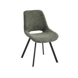  Upholstered dining chair with a curved backrest and black metal legs. The chair has a modern, minimalist design in a dark green fabric.