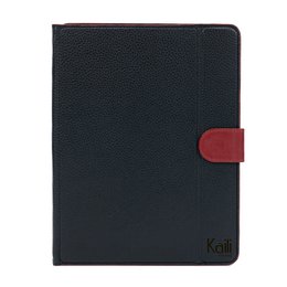 K0033AB | Étui pour tablette Cuir véritable, pleine fleur, grain dollar. Col. Noir avec bords rouges. Fermeture par patte contrastée. Dimensions : 19,5 x 25,2 x 1 cm Conditionnement : sachet Tnt