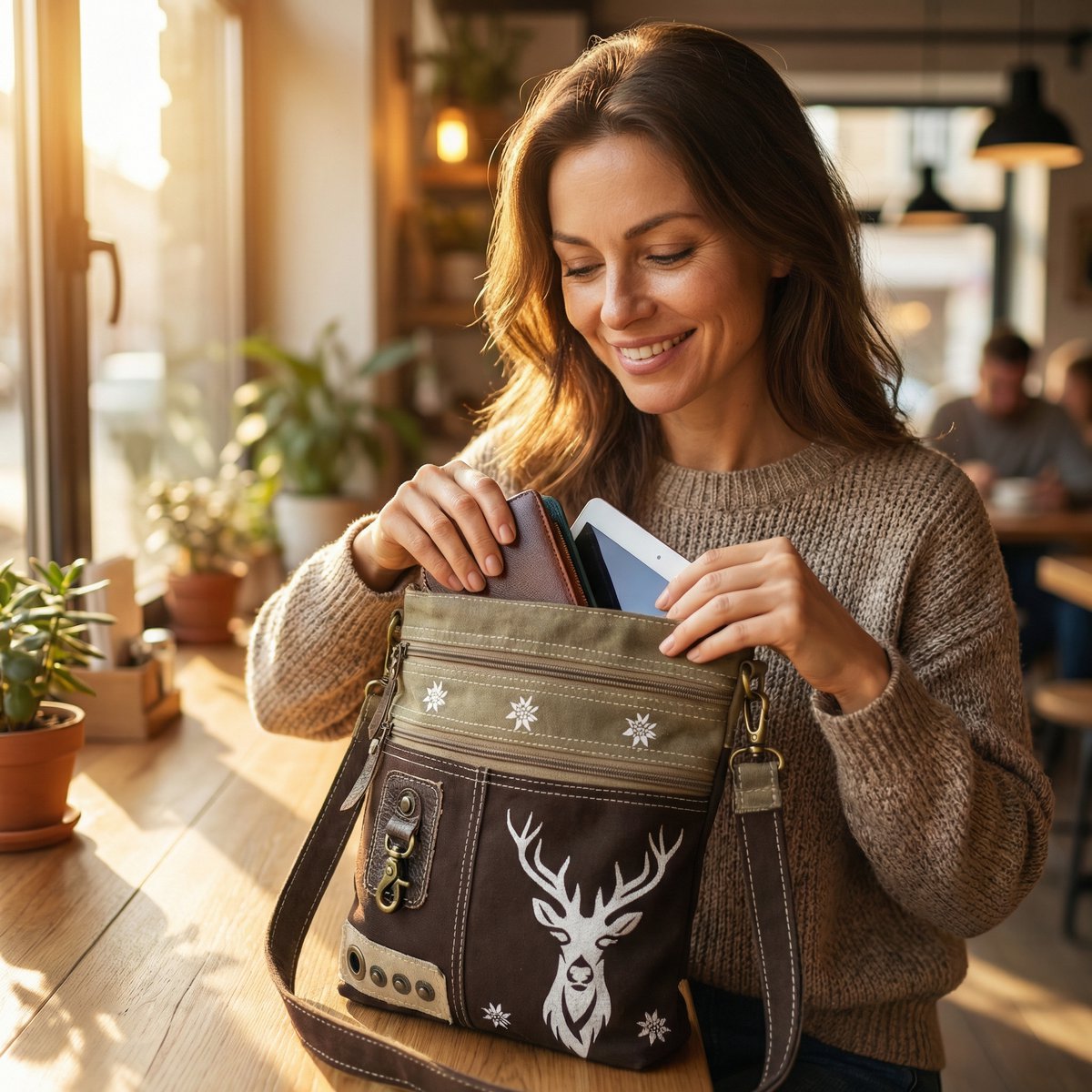 Domelo traditional bag. Women's shoulder bag. Dirndl shoulder bag made of canvas and leather. Handbag in traditional style with deer edelweiss print. Crossbody bag for women as Oktoberfest accessories.