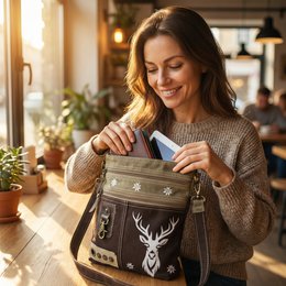 Domelo traditional bag. Women's shoulder bag. Dirndl shoulder bag made of canvas and leather. Handbag in traditional style with deer edelweiss print. Crossbody bag for women as Oktoberfest accessories.