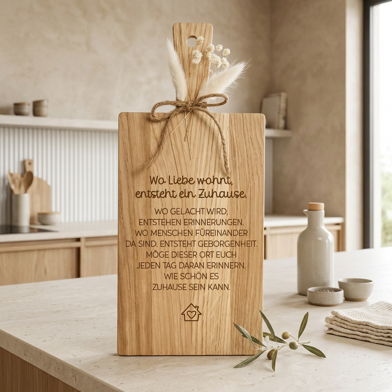 Oak wood board “Where love dwells, a home is created” – Housewarming gift & home purchase | 34 × 15 cm 