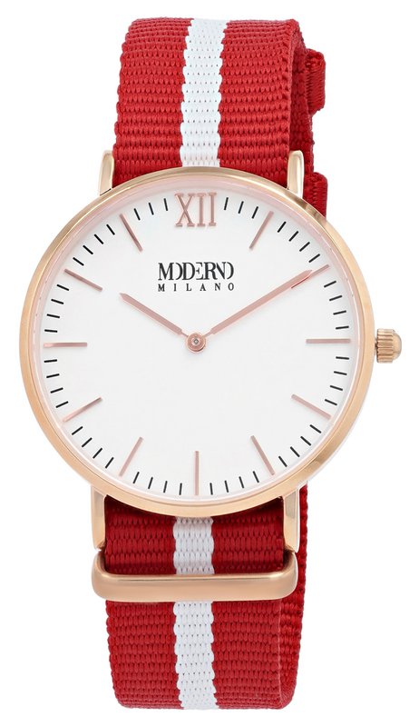 Moderno Milano stainless steel women's watch 36.5 mm, sapphire crystal & nylon NATO strap (red-white), rose gold-colored