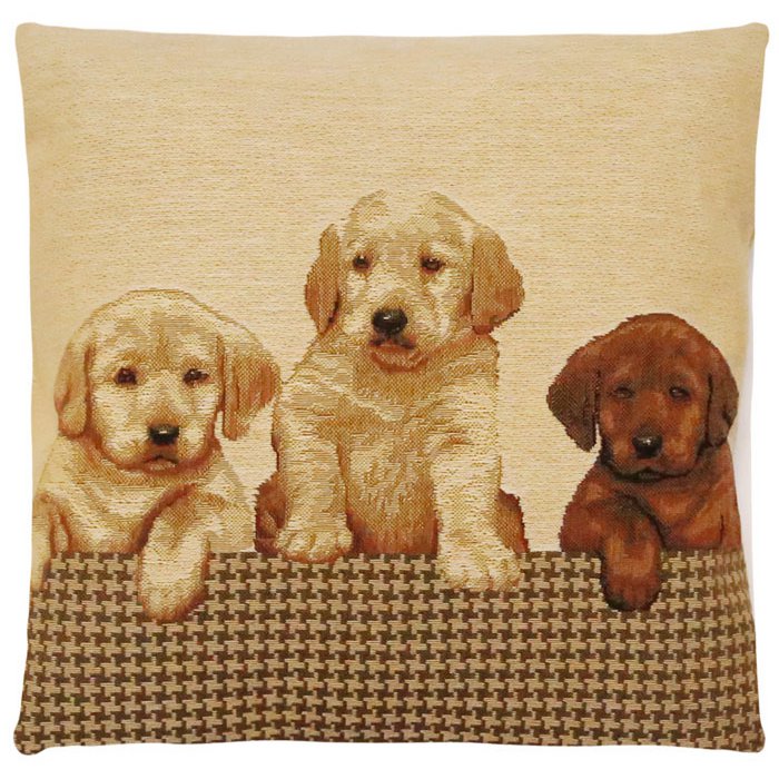 Beigefarbener Kissenbezug „Welpe Labrador“.