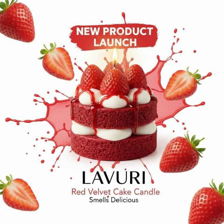LAVURI® RED Velvet Strawberry cake with whipped cream and fruit as a topping on a red, fluffy cake base – a gourmet dessert candle made from 100% soy wax