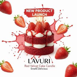 LAVURI® RED Velvet Strawberry cake with whipped cream and fruit as a topping on a red, fluffy cake base – a gourmet dessert candle made from 100% soy wax