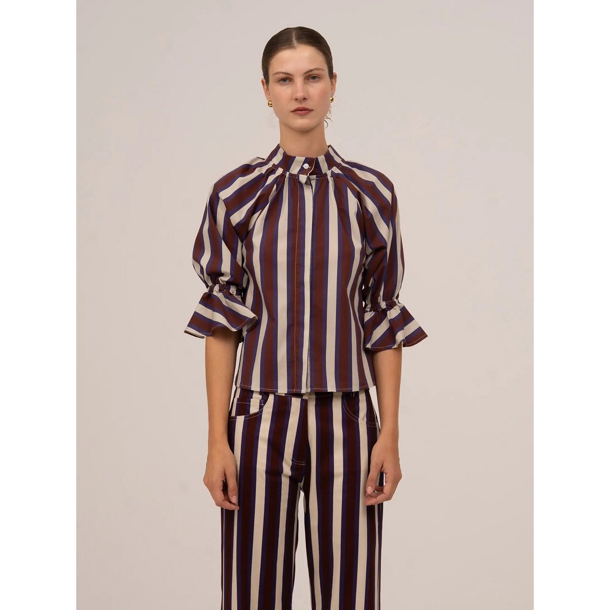 Frostbite gestreepte bordeaux en blauwe blouse