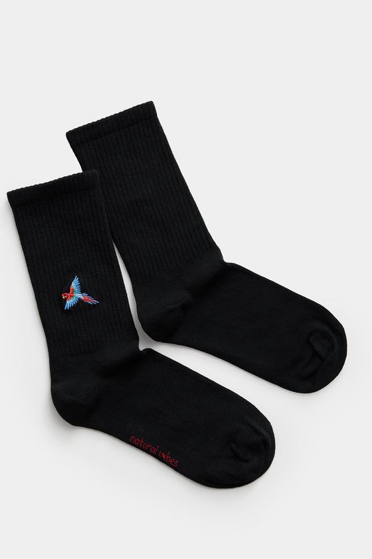 Organic Parrot Socks - Black tennis socks with embroidered parrot