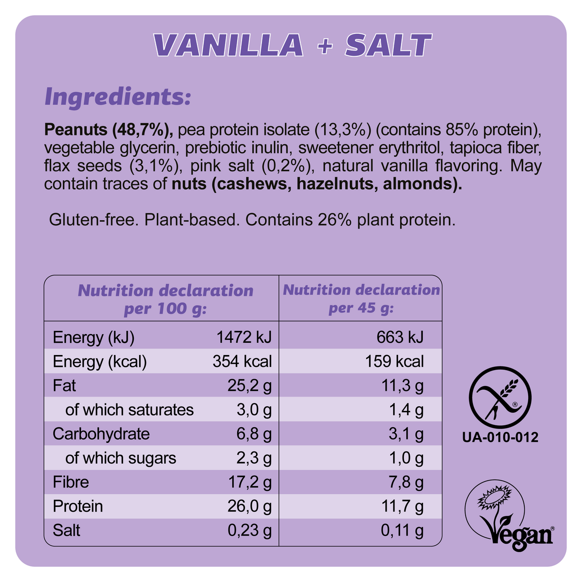 Keto Vegan Gluten Free Bar "Vanilla + Salt" 45G