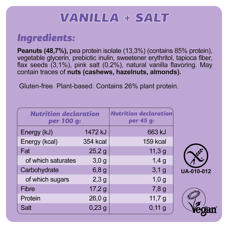 Keto Vegan Gluten Free Bar "Vanilla + Salt" 45G