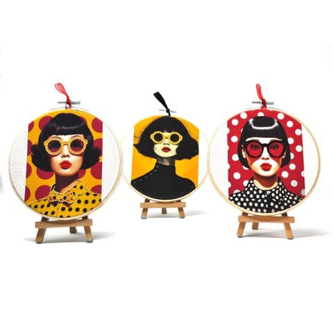 Vintage Pop Glam – besticktes Porträt-Wandkunst-Set, 15 cm (3 Stück)