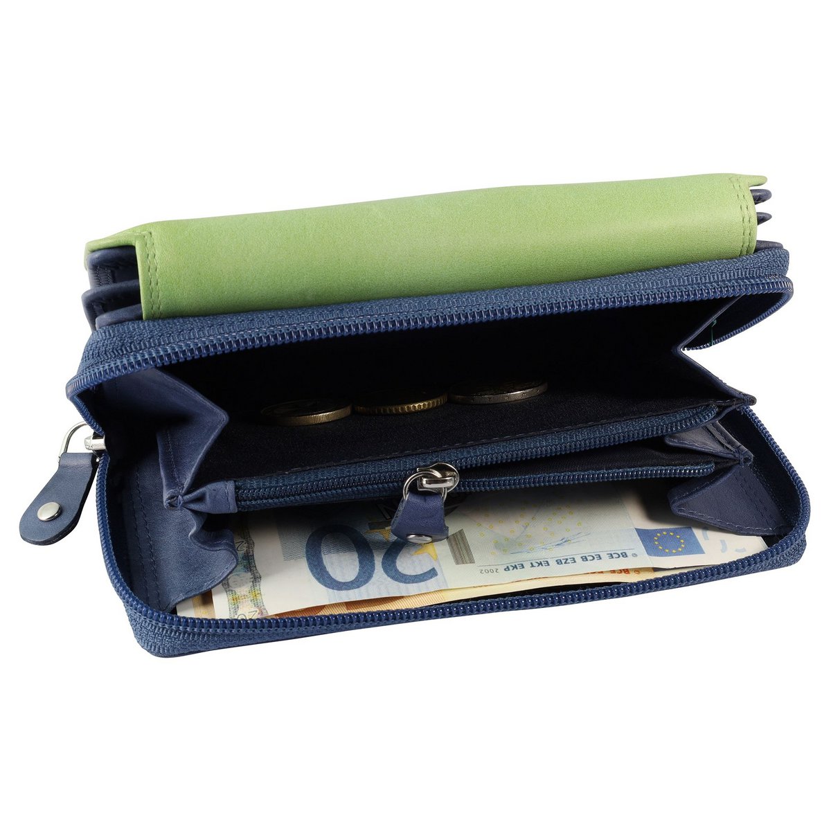 Leonardo Verrelli, damesportemonnee van echt leer, RFID, liggend formaat, donkerblauw/groen