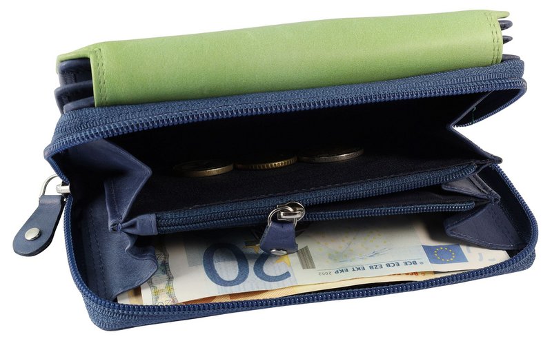 Leonardo Verrelli, damesportemonnee van echt leer, RFID, liggend formaat, donkerblauw/groen
