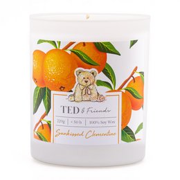 Sunkissed Clementine scented candle, 220g, made with natural soy wax and essential oils, featuring a citrus fragrance and a teddy bear design.